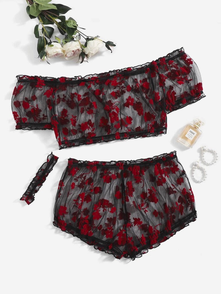 Floral Sheer Mesh Lingerie Set & Choker - Her STYLS